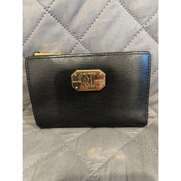 Ralph Lauren black & gold bifold leather wallet gold hardware zipper‎ pockets - Picture 1 of 8